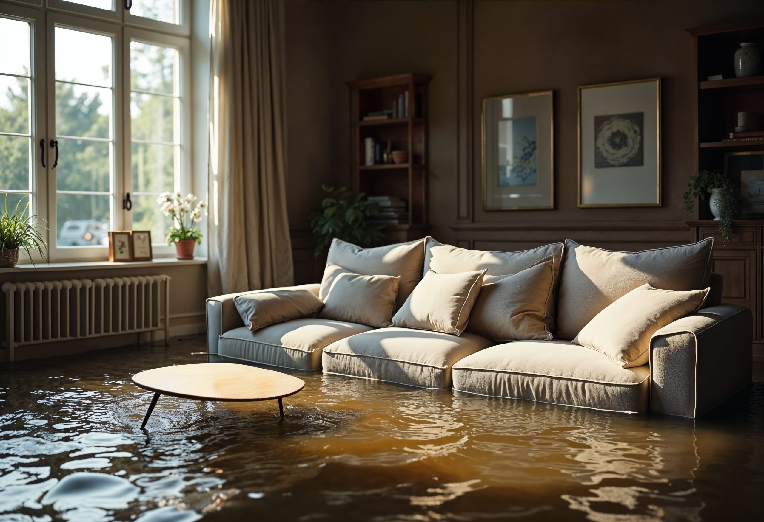 A flooded living room