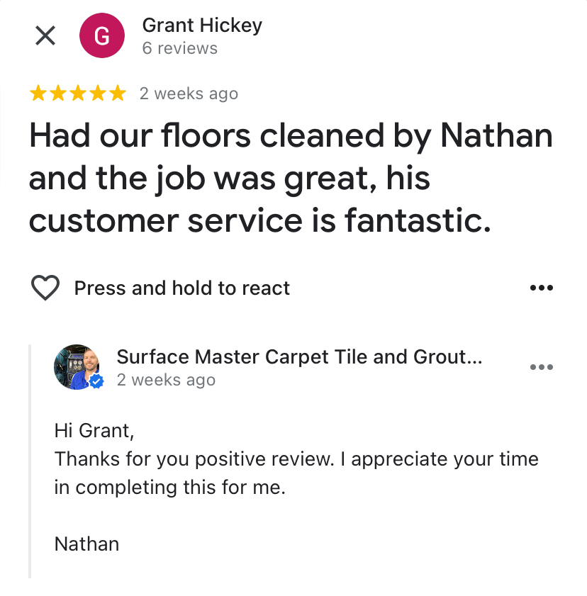 Google review from Grant Hickey