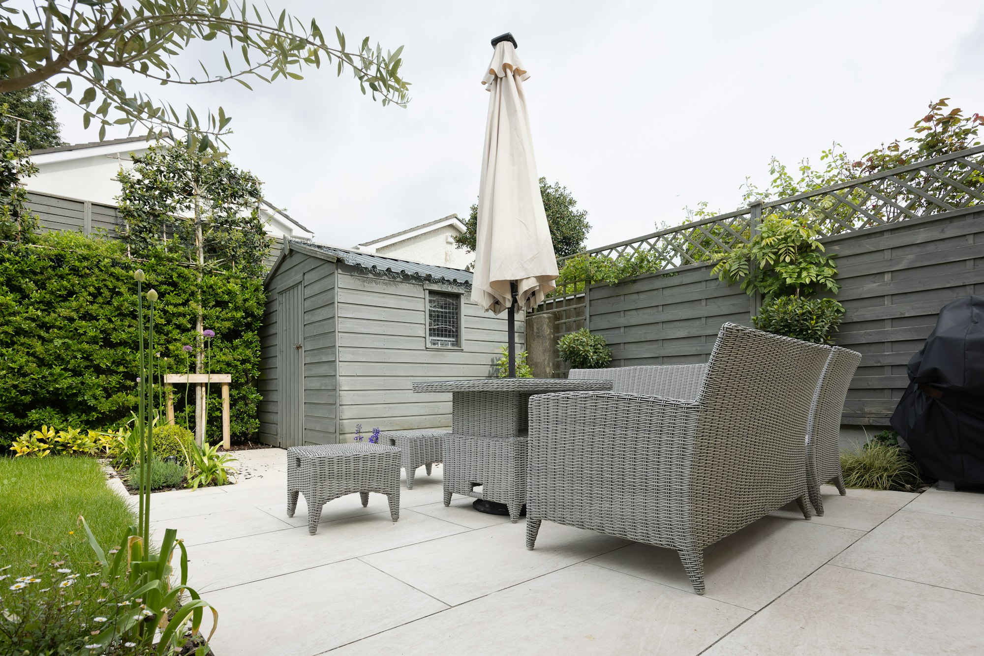 A tiled outdoor patio